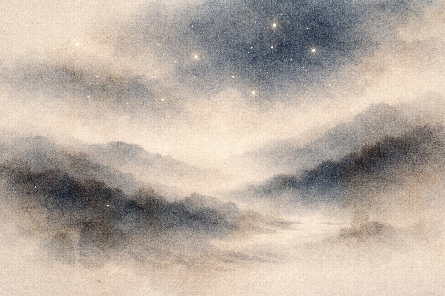 星がほのかに輝く空の下、霧に包まれた山々を描いた幻想的な水彩風景。仏教における悟りが象徴する、目覚め・明晰さ・静かな気づきを表している。