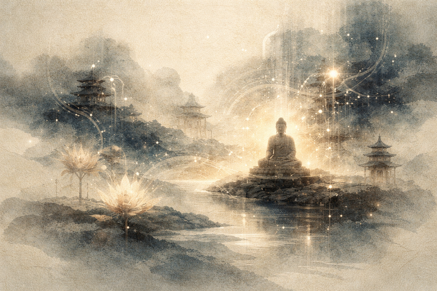 A luminous, watercolor-style scene of Siddhartha Gautama seated in meditation on a small island. Soft golden light radiates around the Buddha, with lotus flowers, temple silhouettes, and flowing lines of light across misty water, symbolizing awakening, wisdom, and the path to enlightenment.