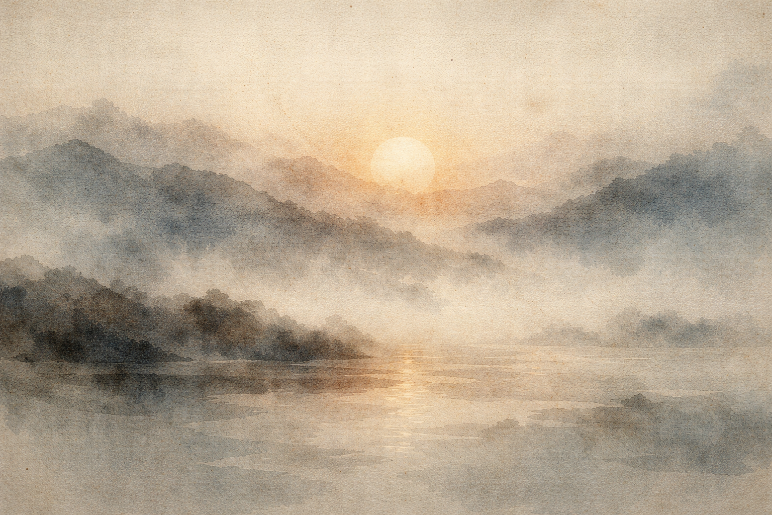 A serene watercolor landscape of mist-covered mountains and a rising sun reflected on calm water, symbolizing what the Buddha represents: awakening, inner peace, wisdom, and liberation from suffering.
