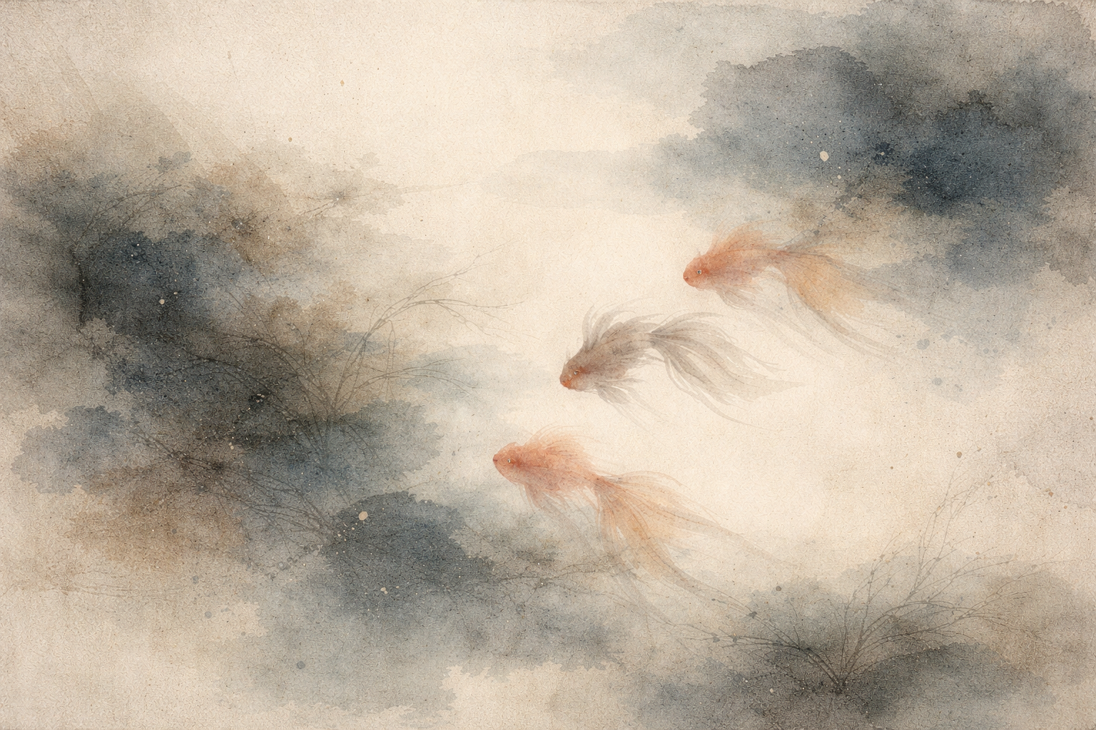 A soft watercolor illustration of three koi-like fish moving through mist, symbolizing the Dharma Wheel in Buddhism—continuous motion, the flow of the teachings, the Eightfold Path, and the cyclical yet liberating movement toward awakening.