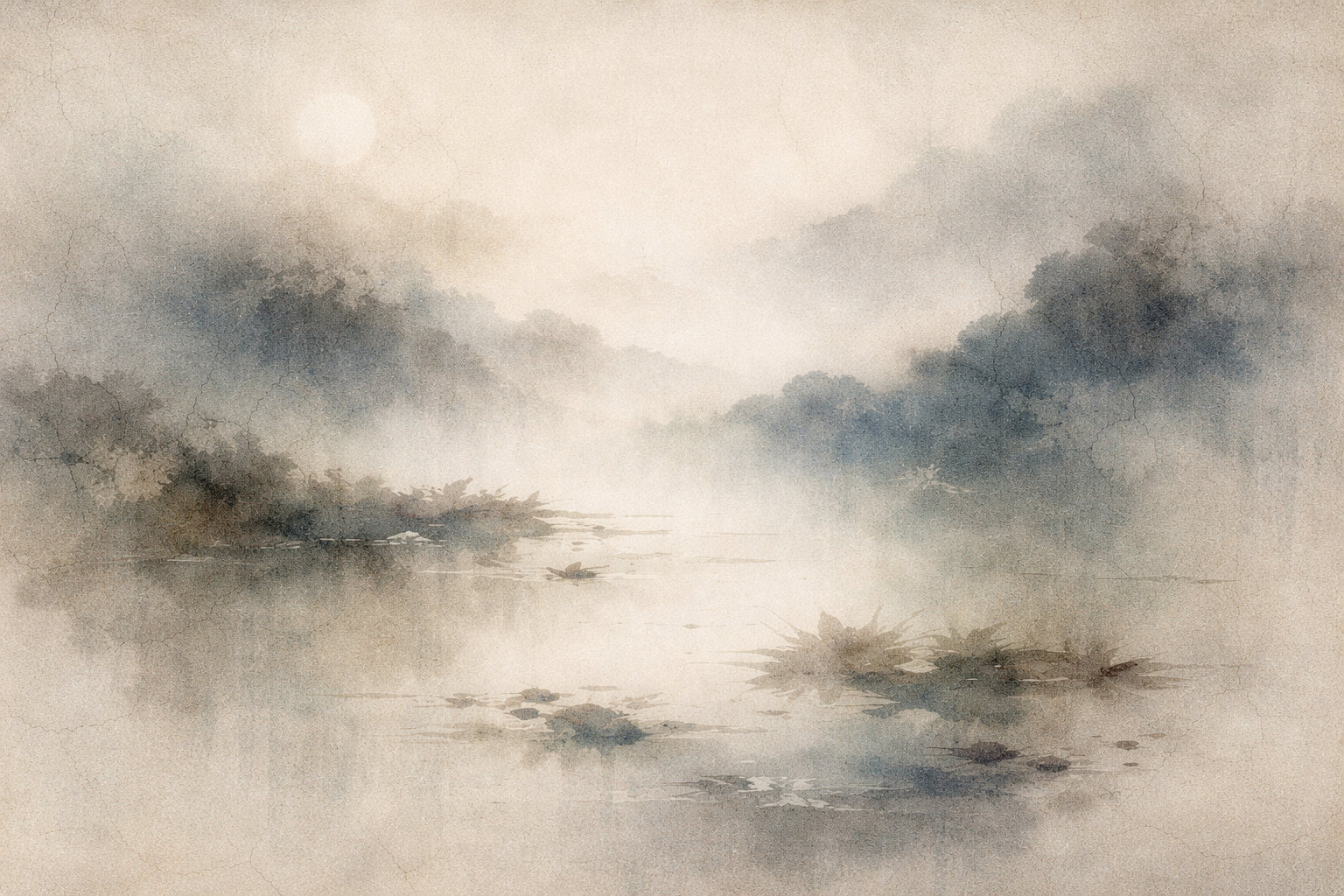A serene, watercolor-style landscape of still water surrounded by misty trees and soft light. Gentle reflections and muted beige and blue tones create a feeling of awakening, peace, and inner clarity, symbolizing the meaning of “Buddha” as the one who has awakened.