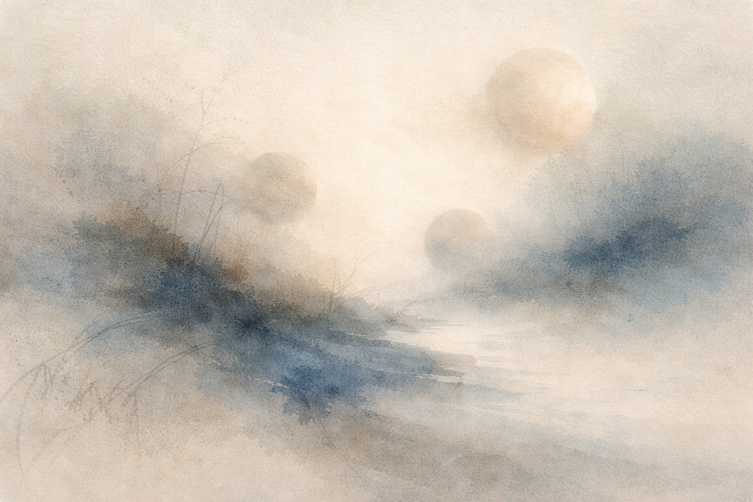 A soft watercolor-style scene of misty light and fading forms, expressing the Buddhist concept of emptiness (śūnyatā)—the absence of fixed essence, interdependence of all things, and the quiet openness beyond solid appearance.