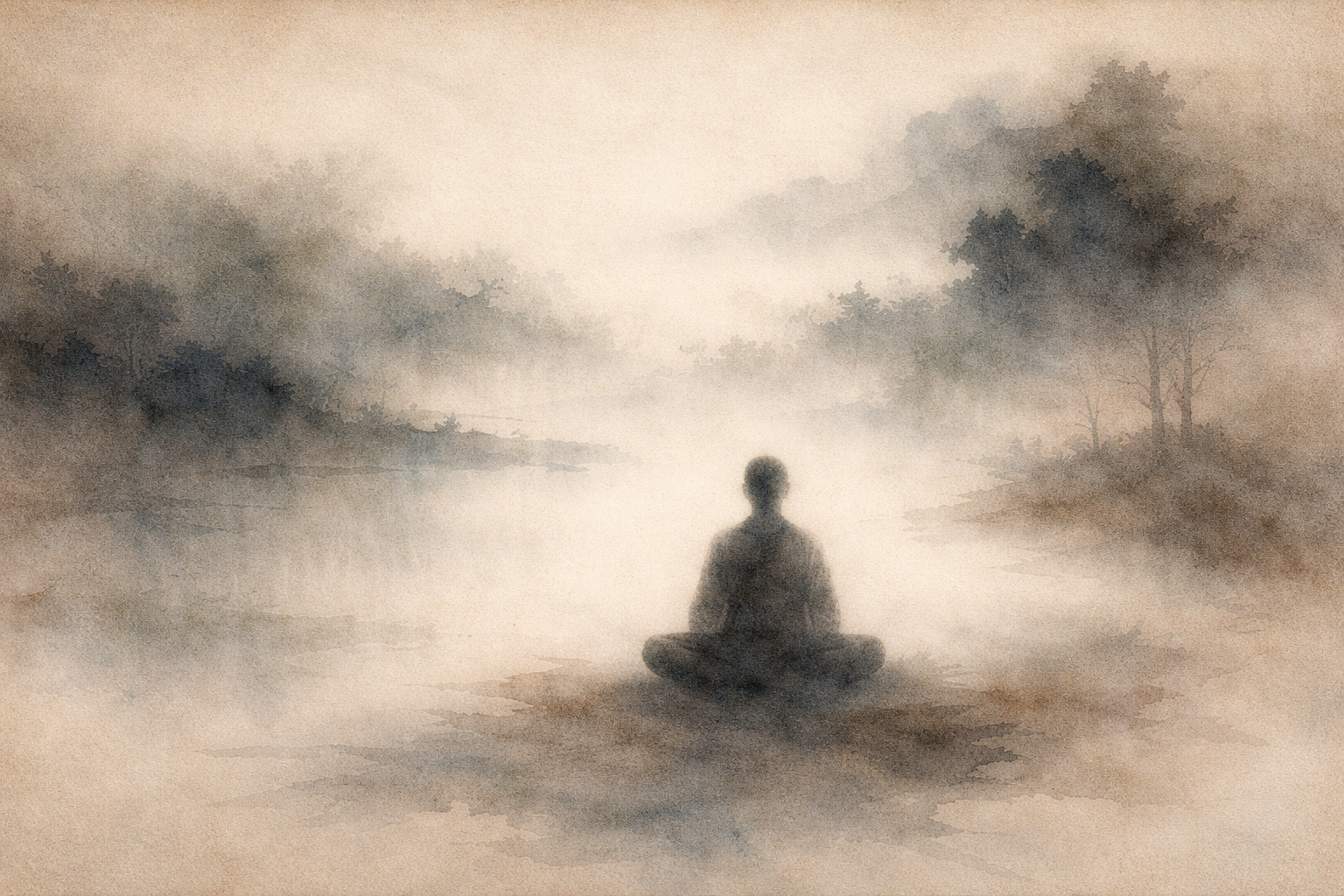 A serene watercolor scene of a lone figure seated in meditation beside a mist-covered lake, surrounded by soft trees and fading fog. The stillness and openness symbolize nirvana in Buddhism—the complete liberation from suffering, desire, and the cycle of rebirth, resting in peace, clarity, and freedom.