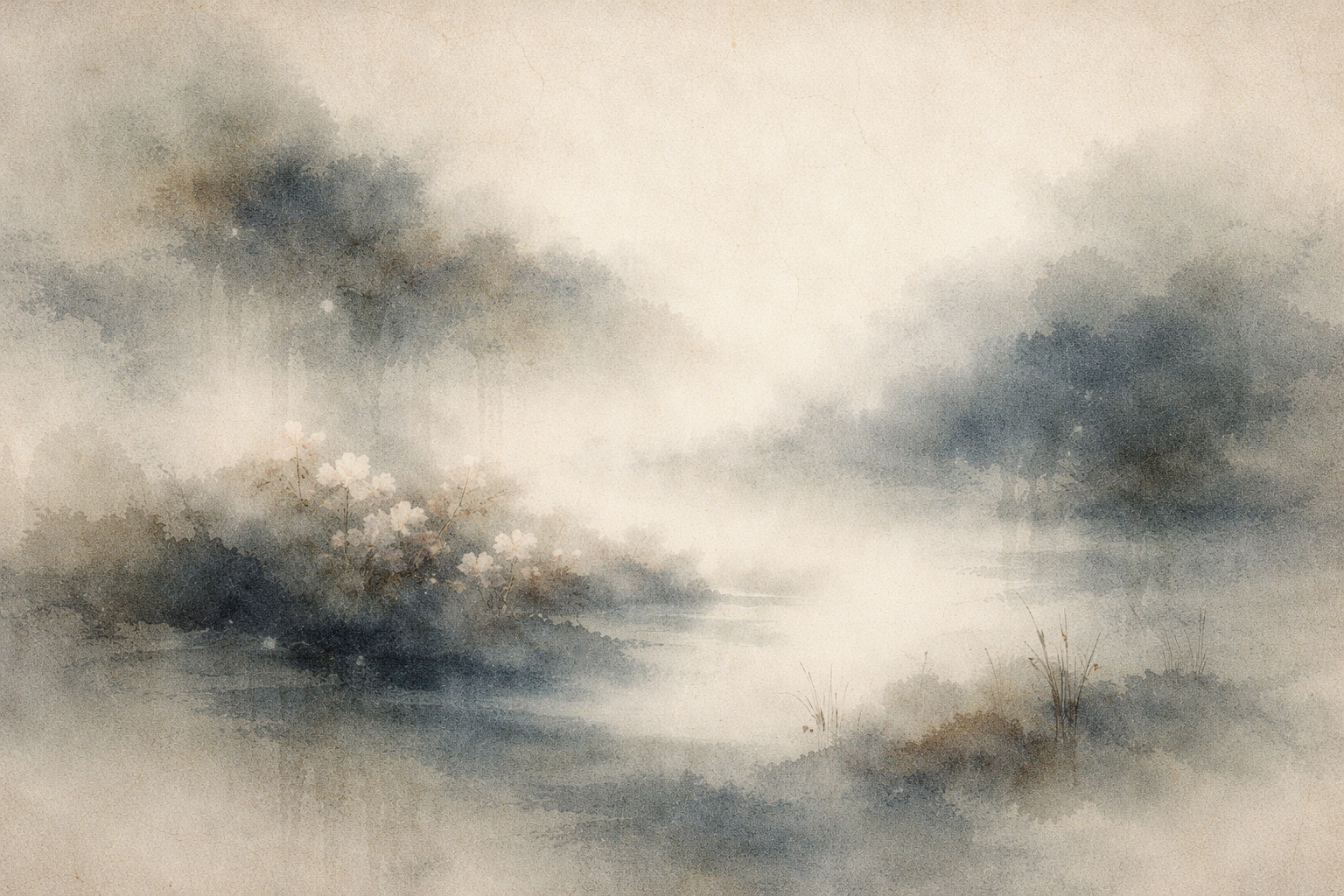 霧に包まれた川と遠くの木々、花咲く草木を描いた柔らかな水彩画風の風景。無常、循環する流れ、そして仏教における輪廻（サンサーラ）の概念を想起させる。