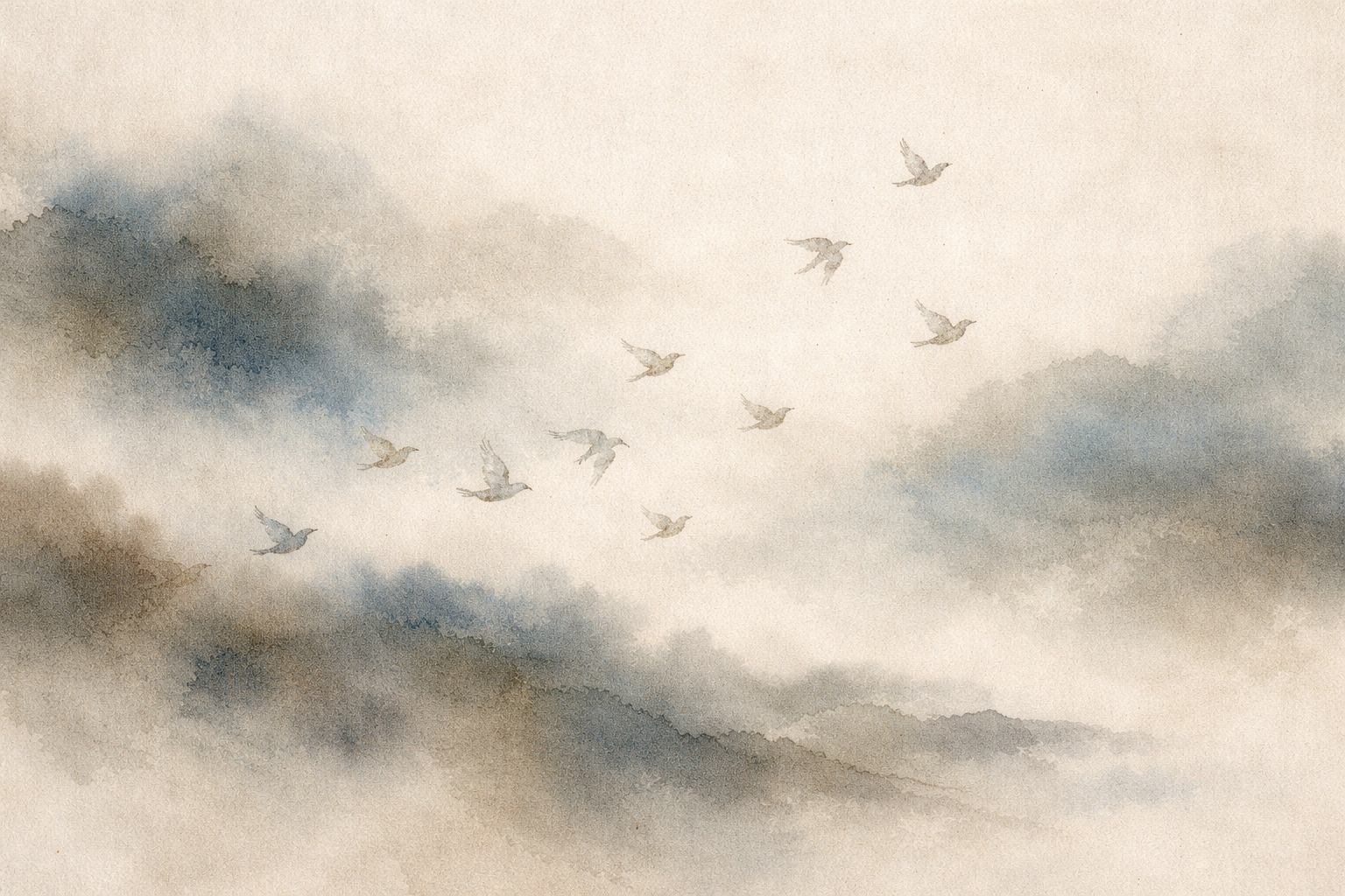 Watercolor-style illustration of birds flying through layered mist and soft clouds, symbolizing cyclical movement, impermanence, and the continuous flow of samsara in Buddhist thought.