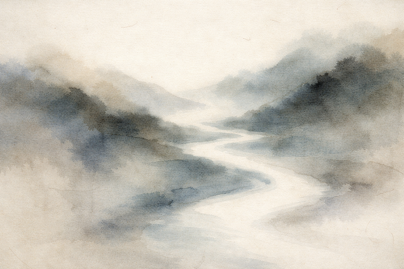A soft watercolor landscape of misty mountains and a winding river flowing toward the horizon. The gentle path through fog symbolizes the Four Noble Truths and the Eightfold Path in Buddhism—the recognition of suffering, its cause, its cessation, and the path of right understanding, conduct, and mindfulness that leads toward liberation.