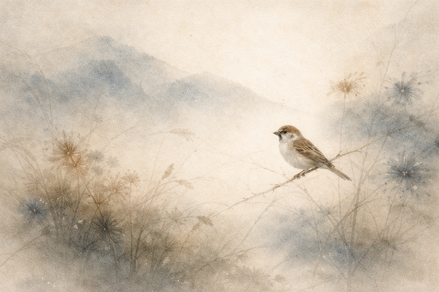 A soft watercolor-style illustration of a small bird perched on a thin branch, surrounded by misty plants and gentle clouds, symbolizing the Buddhist concept of the bardo as a quiet, transitional state between worlds.
