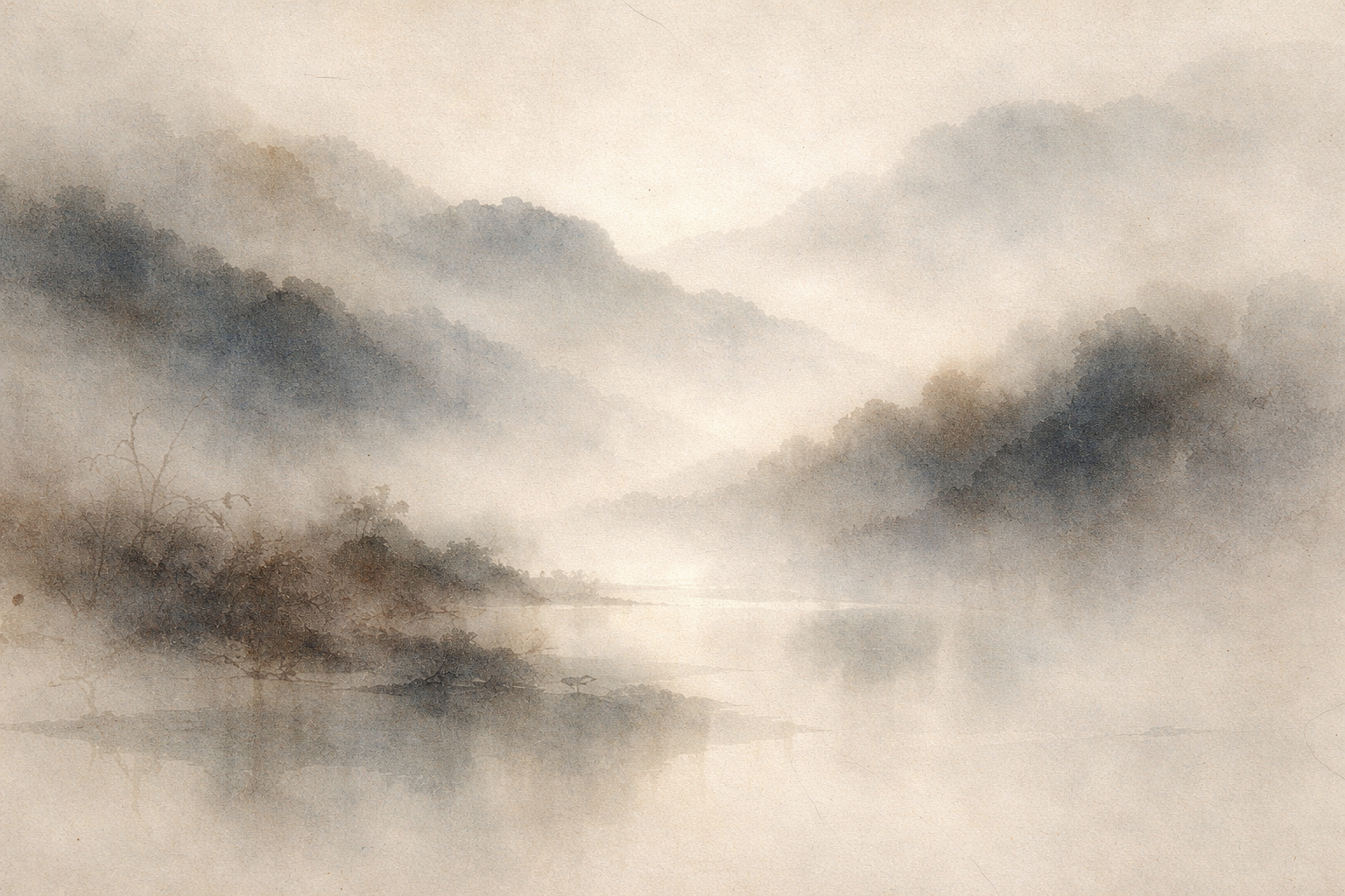 霧に包まれた山々と静かな湖を描いた柔らかな水彩風の風景。光と影が穏やかに重なり、仏教の八正道に通じる「調和」「明晰さ」「中道」の感覚を表している。