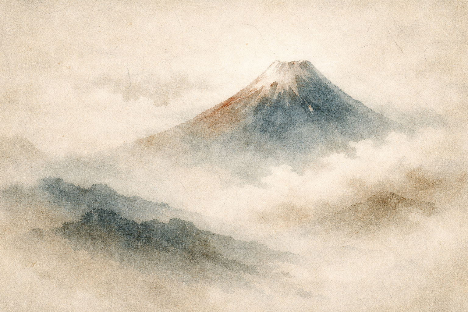 A serene watercolor illustration of a mountain rising above layers of mist, symbolizing the Eightfold Path in Buddhism as a steady journey toward wisdom, ethical living, and mental clarity.