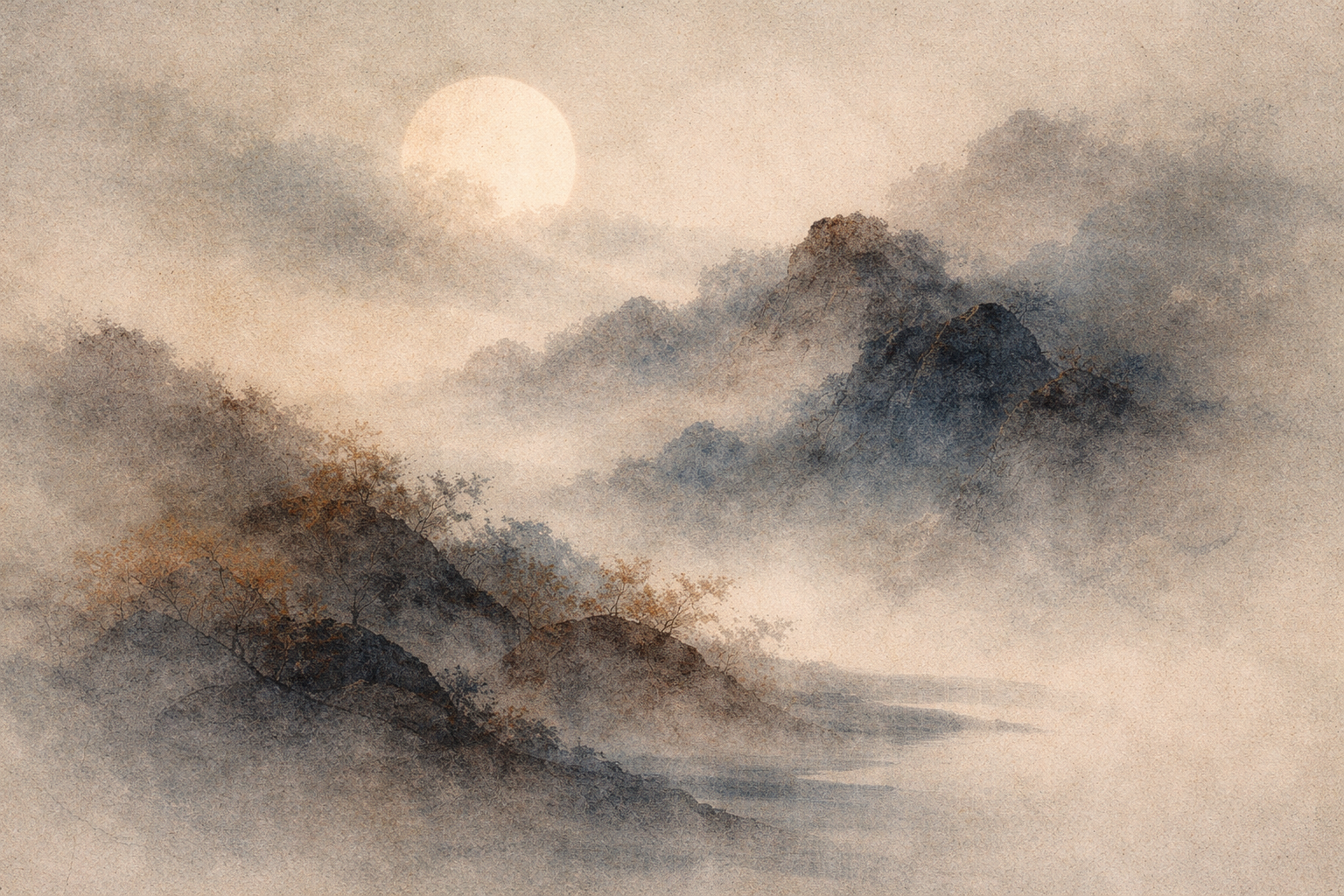 A serene watercolor-style landscape of mist-covered mountains under a pale sun, symbolizing the Wheel of Dharma in Buddhism—the unfolding of the Buddha’s teachings, the path of wisdom, and the continuous movement toward awakening.