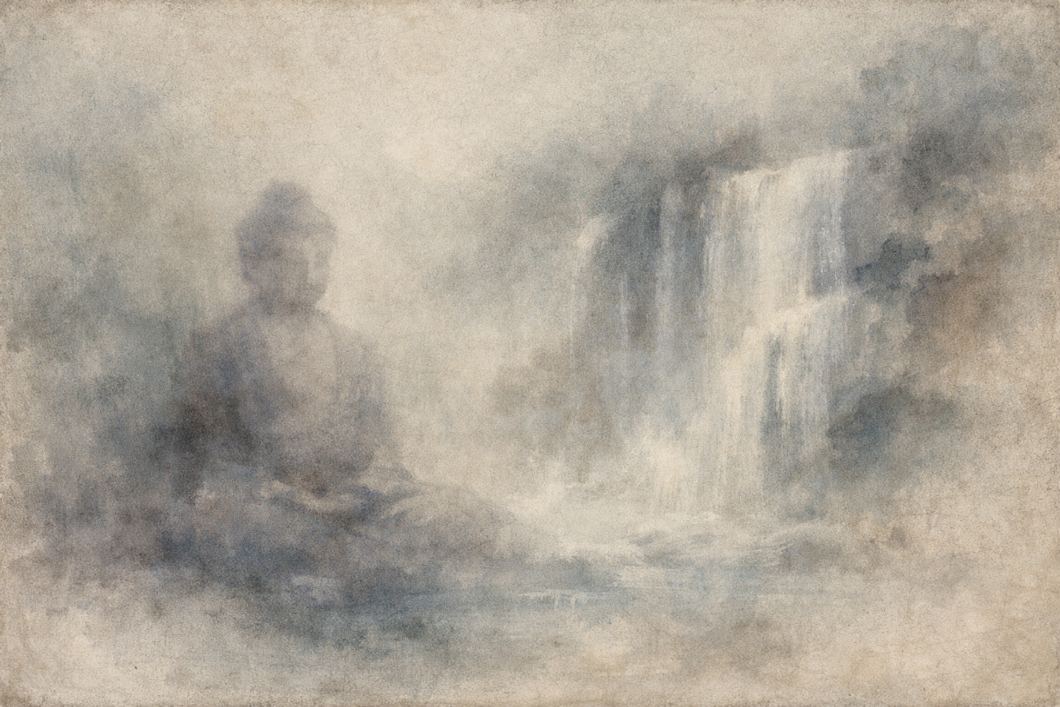 Misty watercolor scene of a seated Buddha beside a flowing waterfall, symbolizing Nirvana in Buddhism—the peaceful cessation of suffering, desire, and the cycle of rebirth.