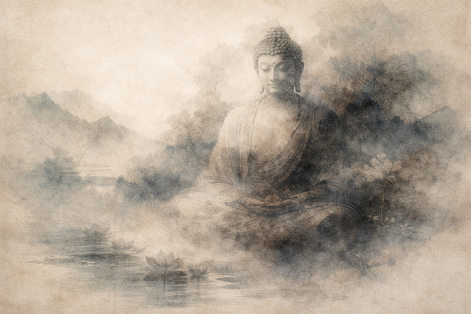A peaceful, watercolor-style image of the Buddha seated in meditation, softly emerging from mist beside calm water. Lotus flowers, distant mountains, and muted beige and blue tones create an atmosphere of wisdom, serenity, and awakening, representing who the Buddha is as an enlightened teacher.