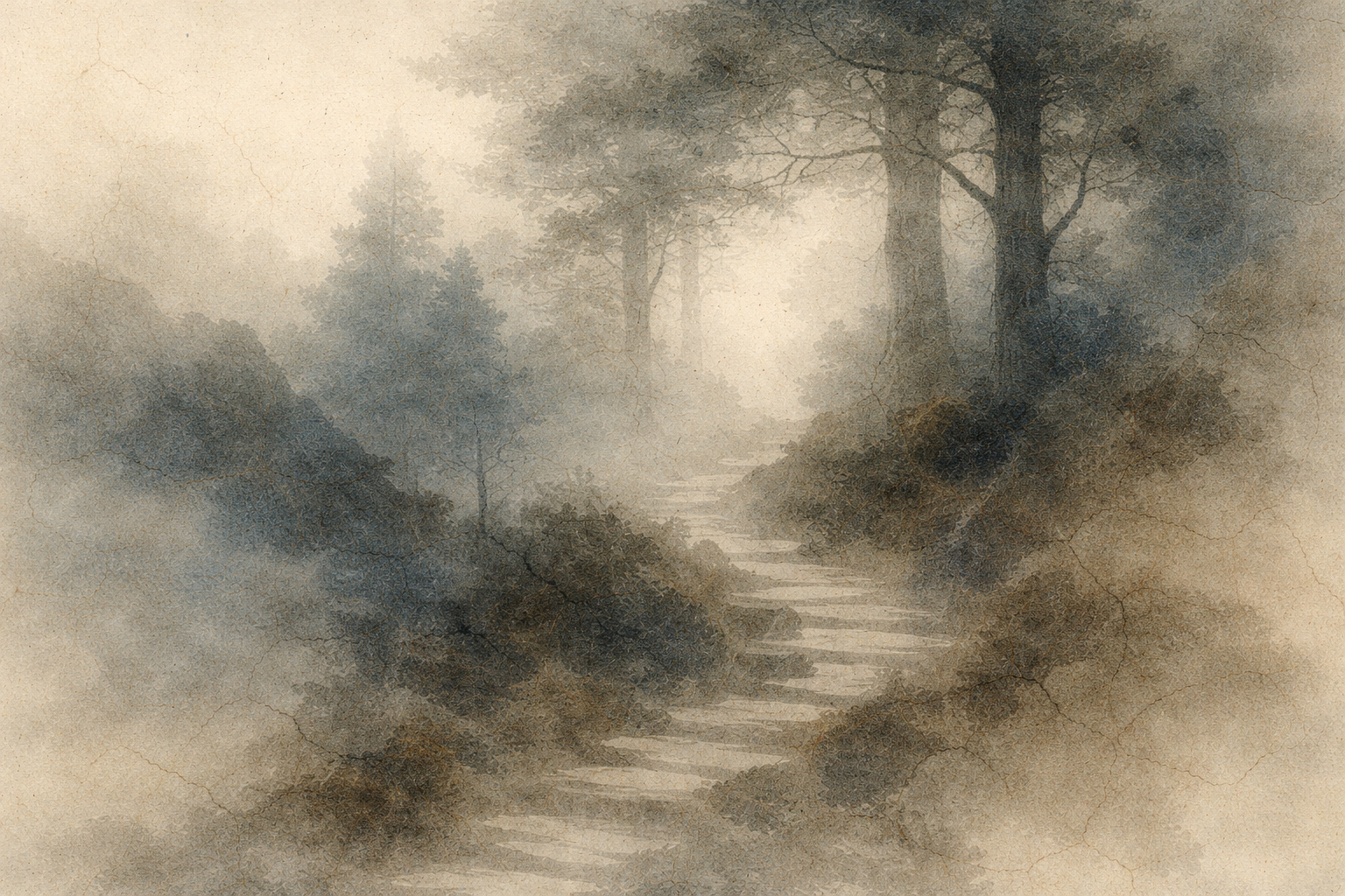 A misty forest scene with a narrow stone path winding upward between trees, symbolizing the contemplative journey of Buddhist teachings and the gradual path of understanding sutras.