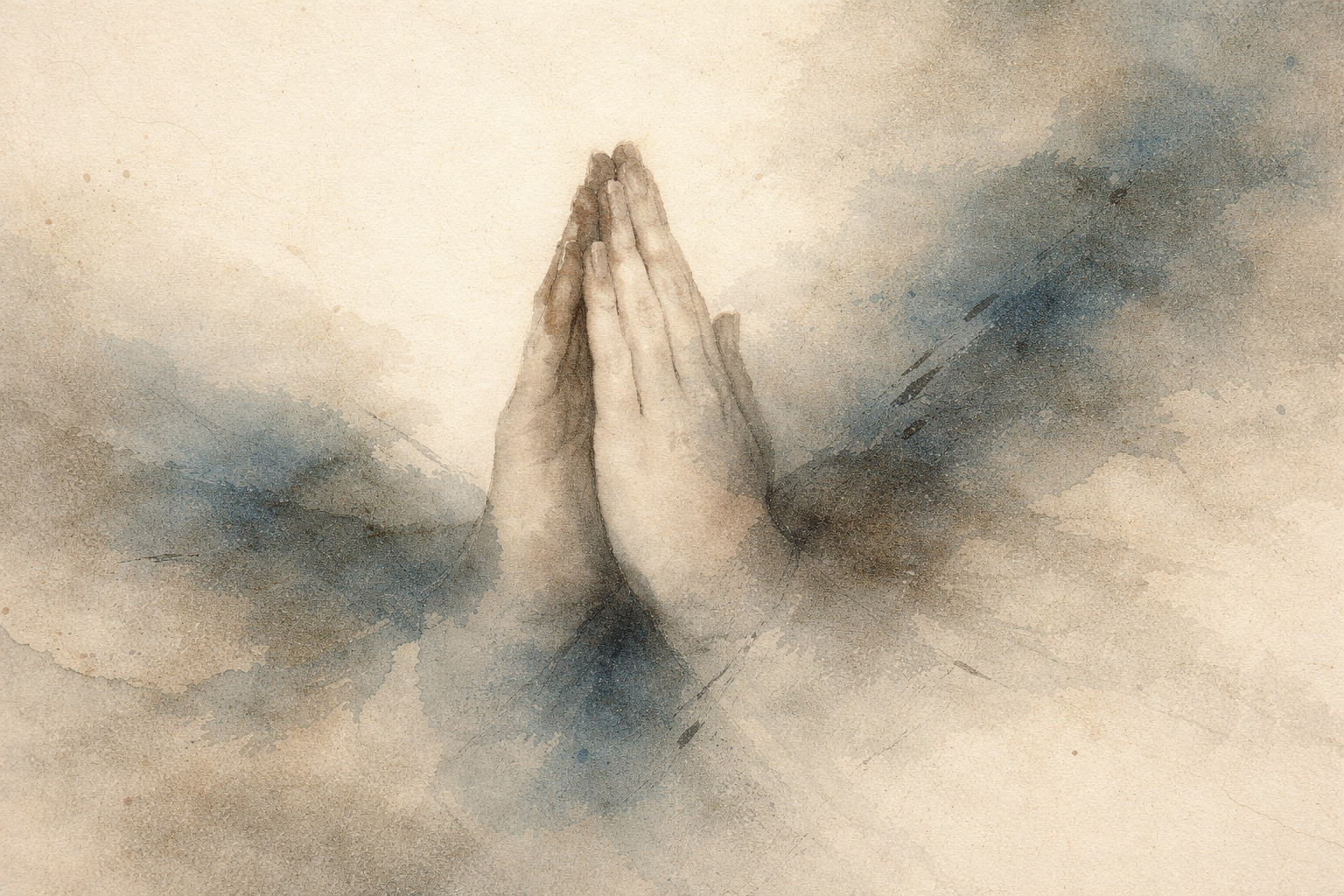 Hands gently pressed together emerge from soft ink and drifting mist, reflecting how attachment in Buddhism is often misunderstood as rejection, when it points instead to noticing clinging without closing the heart.