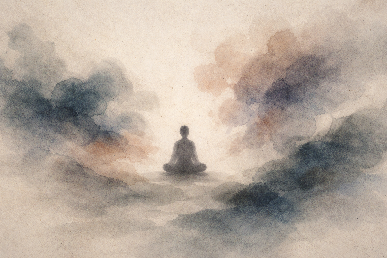 墨と光の雲に挟まれるように、ひとり静かに座る人影が描かれ、仏教における欲望が抑え消す対象ではなく、体験の中で明確に観られるものだという姿勢を示している。