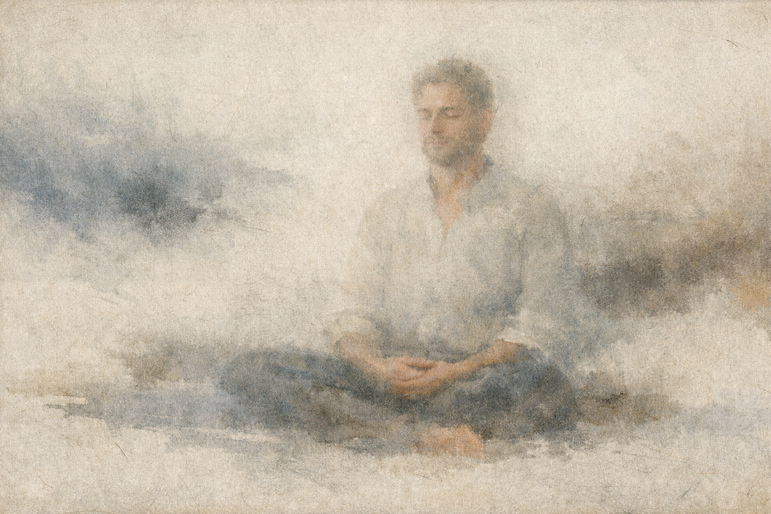 An indistinct seated figure appears softly within drifting ink and mist, suggesting how the teaching of not-self points to observing experience without fixing identity, rather than denying personal presence.