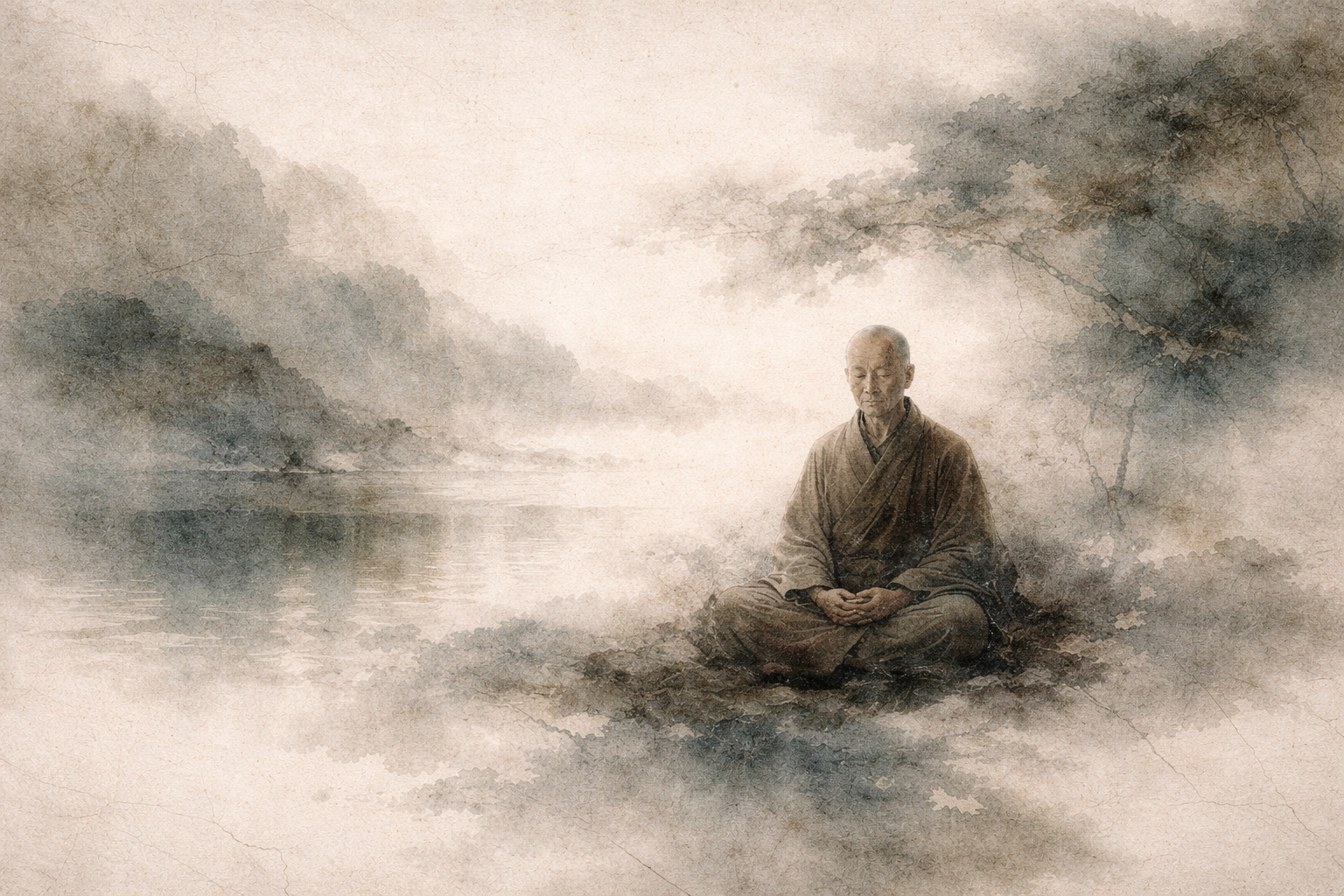 A solitary monk sits quietly beside still water and misty hills, suggesting that suffering in Buddhism refers to the subtle unease within lived experience, not a pessimistic view of life itself.