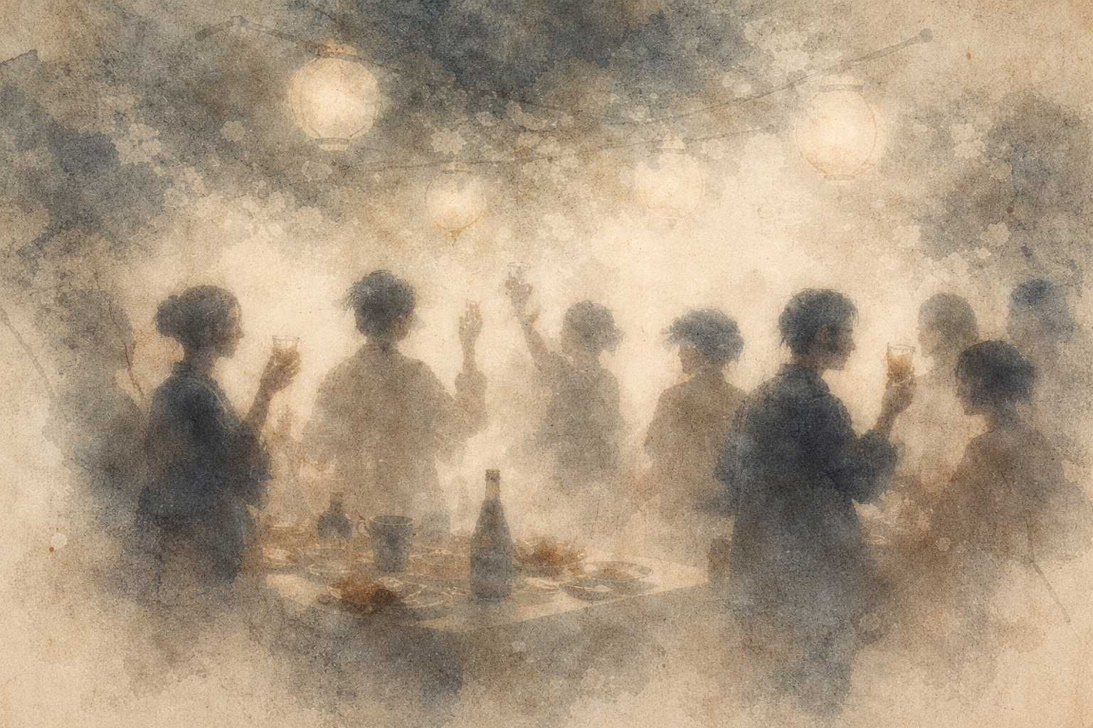 A soft watercolor scene of people gathered around a table in conversation under warm lantern light, symbolizing the question of Buddhism without religion and whether Buddhist practice can exist outside formal religious identity.