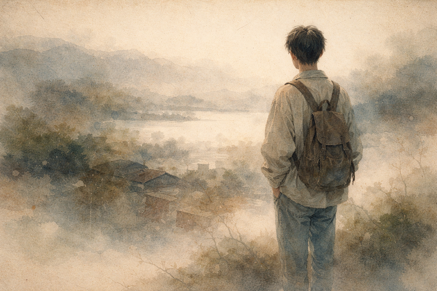 A contemplative watercolor illustration of a young person standing on a hillside overlooking a misty town and distant mountains, symbolizing how Buddhism understands anxiety through reflection, perspective, and mindful awareness.