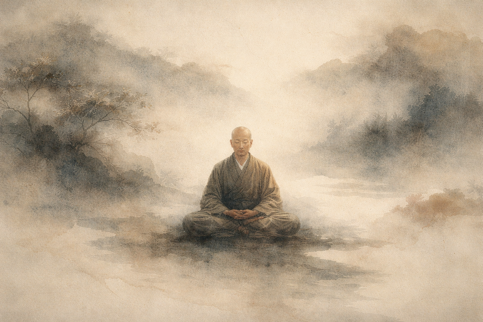 A monk sits quietly in meditation within a misty landscape, suggesting that Buddhism can support mental clarity and balance, while also acknowledging that it does not replace professional mental health care.