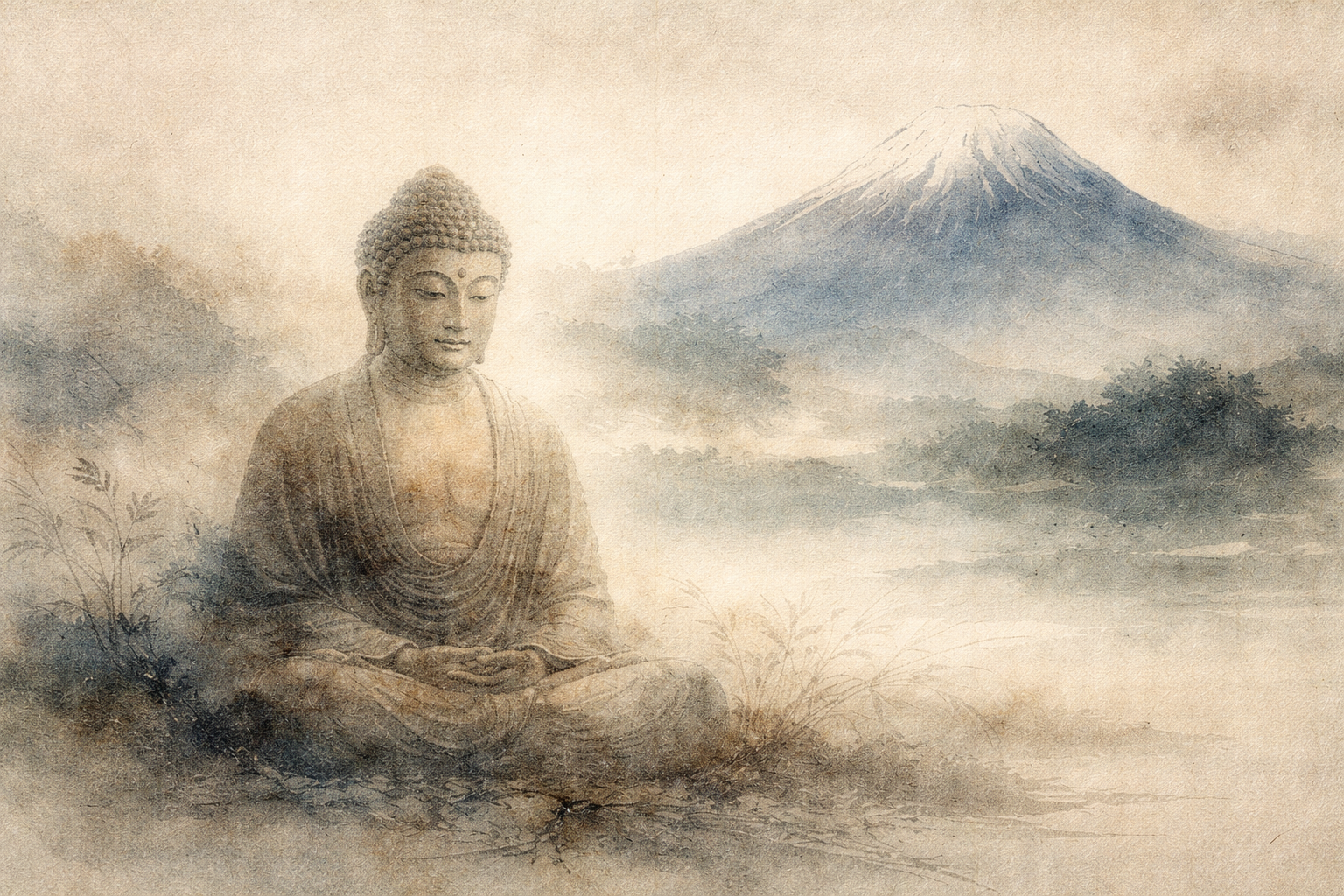霧に包まれた風景と富士山を背景に、坐して瞑想する仏を描いた穏やかな水彩風イラスト。現代の日常生活の中にある仏教と、日々の環境の中で保たれる静かな気づきを象徴している。