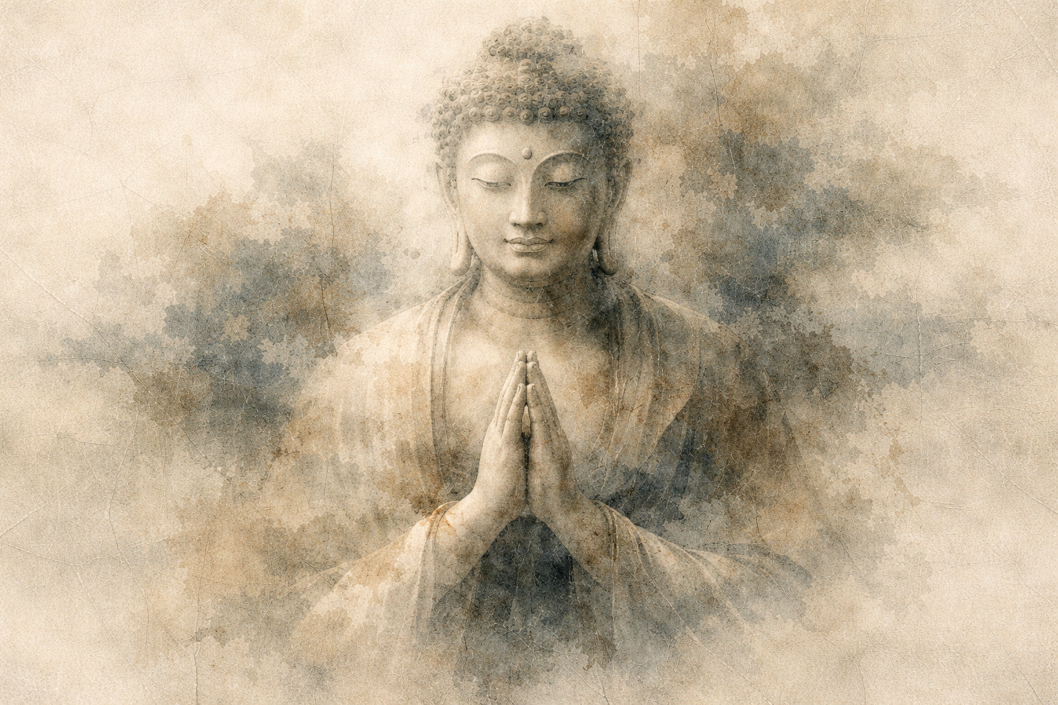A calm Buddha figure with hands joined appears through layers of soft ink and mist, suggesting how Buddhist practice meets overthinking not by forcing thoughts away, but by gently resting awareness without adding more mental activity.