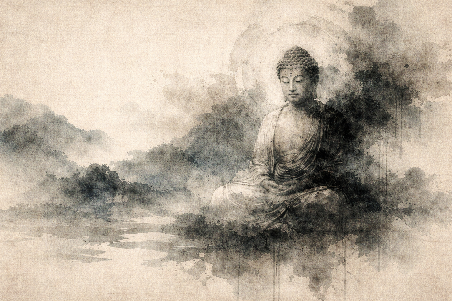 A calm watercolor illustration of a seated Buddha emerging from soft ink-like shadows near a quiet body of water and distant mountains, representing how Buddhism approaches stress in modern life through stillness, clarity, and inner balance.