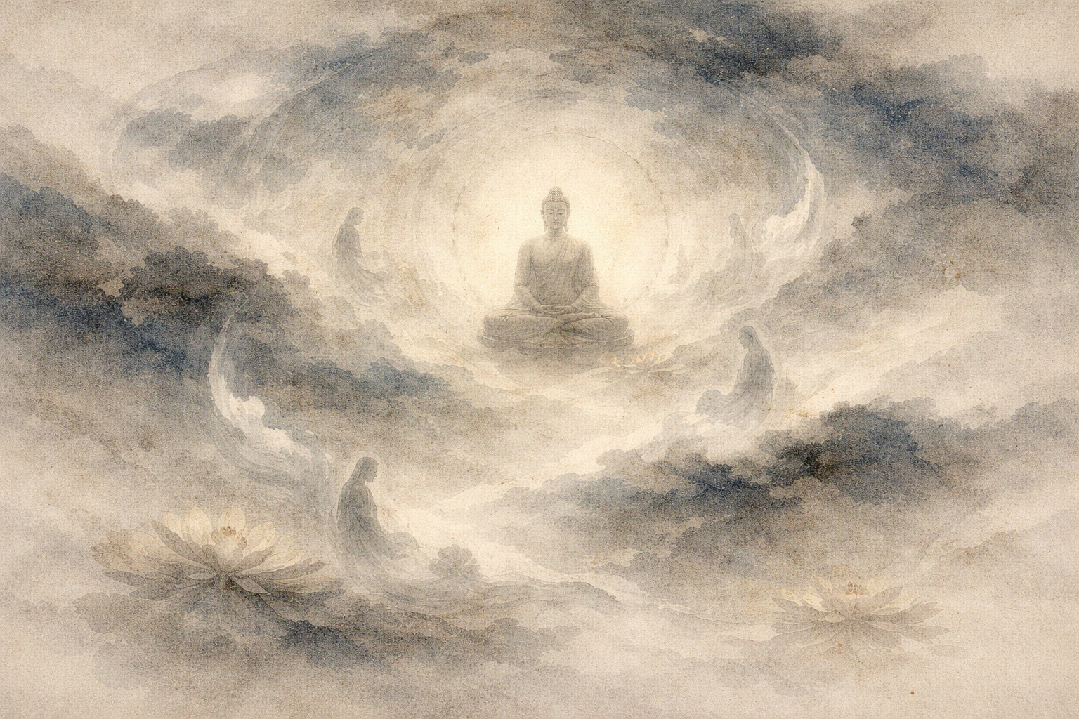 A luminous watercolor illustration of a seated Buddha surrounded by mist, lotus flowers, and quiet human figures, symbolizing Buddhism for non-believers and a contemplative path beyond dogma or fixed belief.