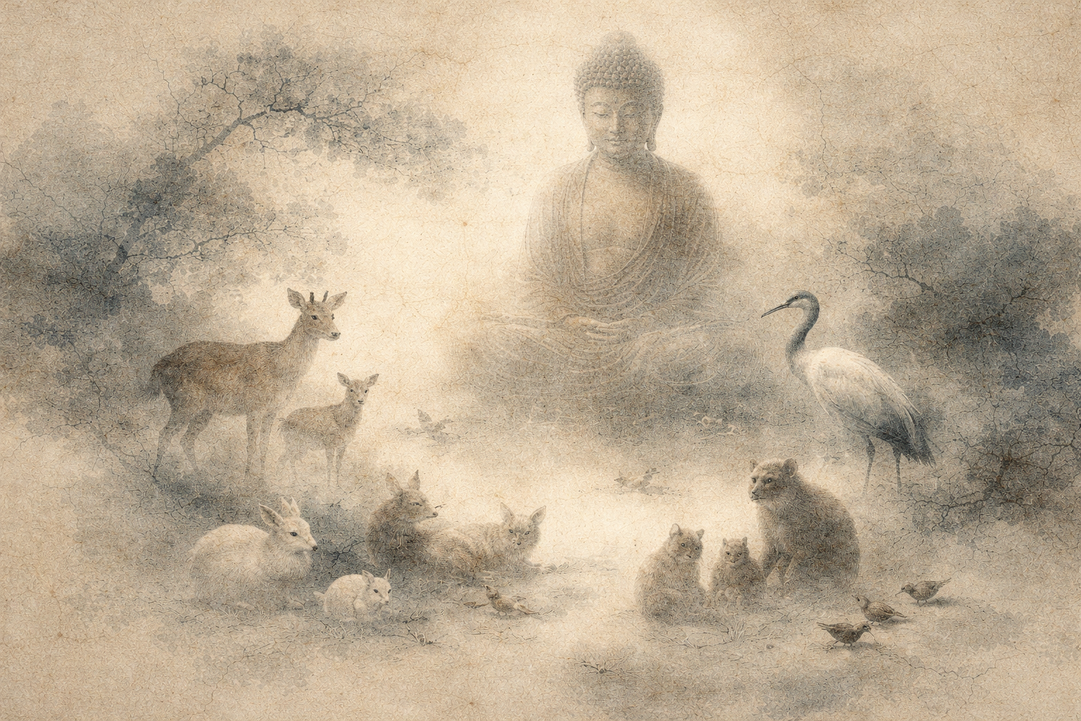 鹿や鳥、うさぎなど穏やかな動物たちに囲まれて座る仏陀を描いた静かな水彩画。初心者のための仏教実践、そして慈悲・調和・気づきの育成を象徴している。