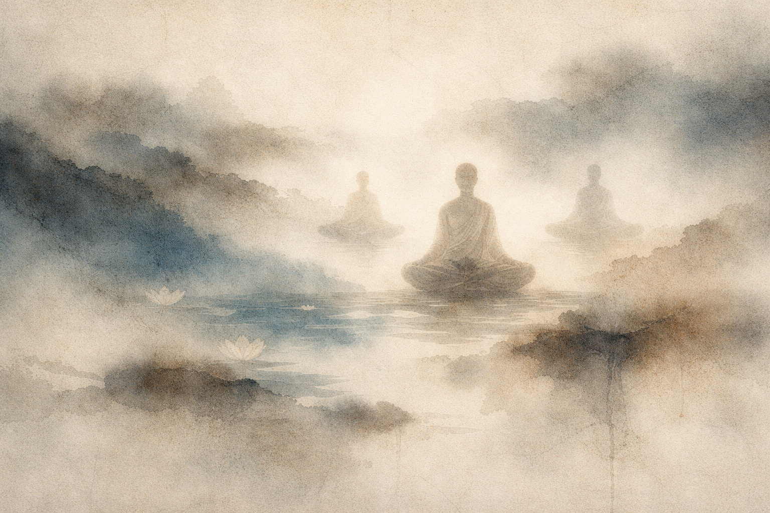 Several indistinct seated figures appear across water and mist in a soft ink-wash landscape, suggesting daily Buddhist practice as a quiet, repeated orientation woven into ordinary life rather than a single formal act.