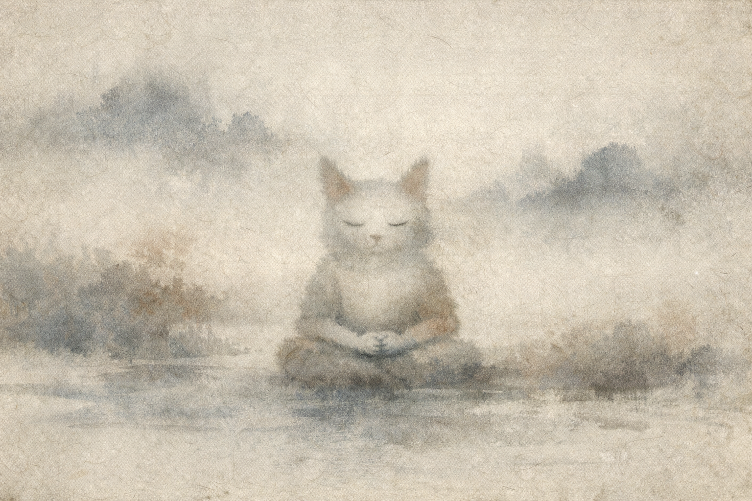淡い霧に包まれた墨絵の風景の中で、目を閉じて静かに座る小さな狐のような姿が描かれ、仏教の実践が特別で神秘的なものだと誤解されがちだが、実際はごく素朴な気づきであることを示している。