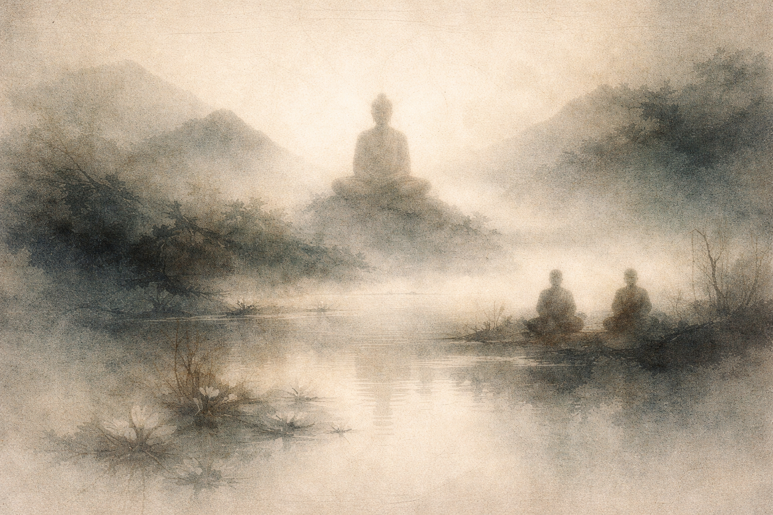静かな湖のほとりで瞑想する二人の修行者と、霧に包まれた山々の中に大きく現れる仏の姿を描いた柔らかな水彩風イラスト。現代生活における仏教実践と、日常の中に息づく目覚めの存在を象徴している。