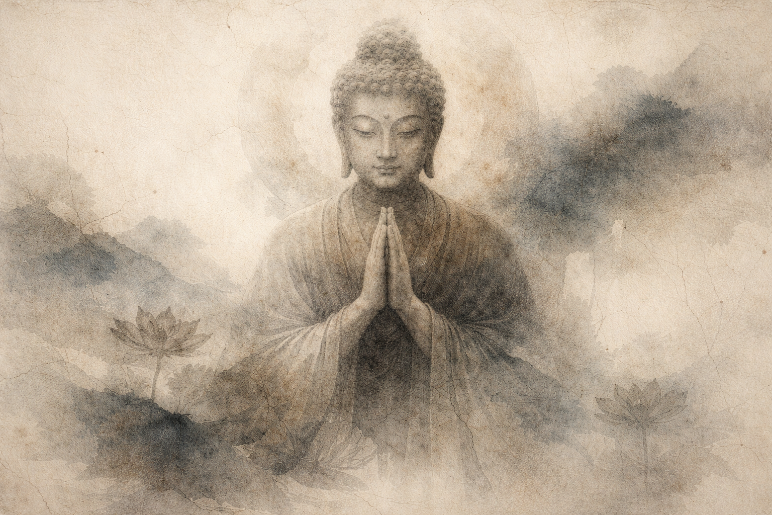 墨と霧、蓮の気配に包まれ、静かに合掌する仏の姿が描かれ、仏教の実践が場所や寺院に依存せず、内側の姿勢として成り立つことを示している。