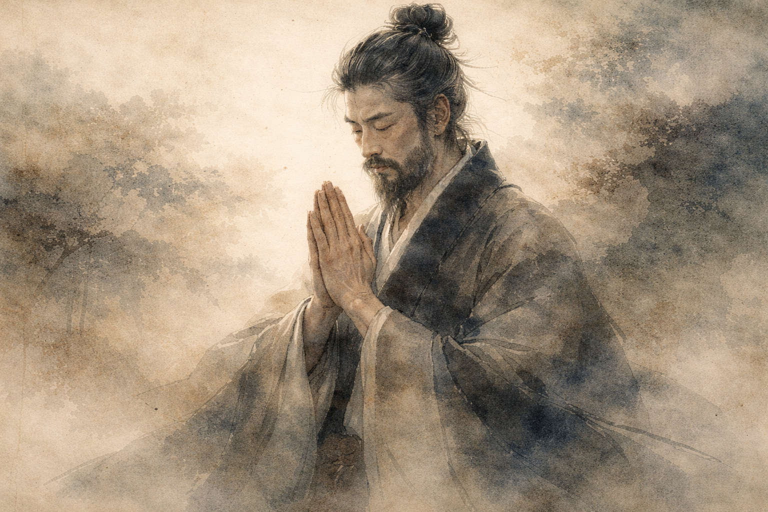 合掌して祈る禅の修行者を描いた静かな水彩画。霧のような柔らかな筆致に包まれ、「身体は夢のようなもの」という教えを象徴し、禅における身体観への理解を促している。