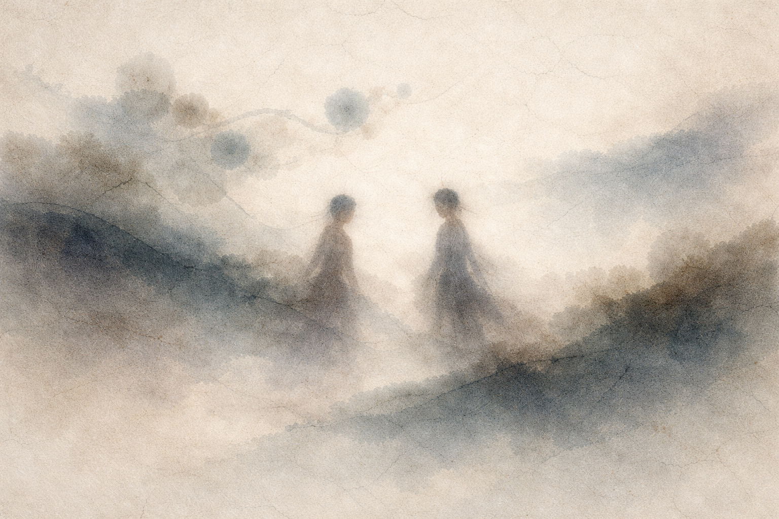 やわらかく移ろう風景の中で向かい合う二人の姿を描いた霧がかった水彩風イラスト。善悪を判断することが、分離や二元性、固定観念を生み、苦しみを生じさせる様子を象徴している。