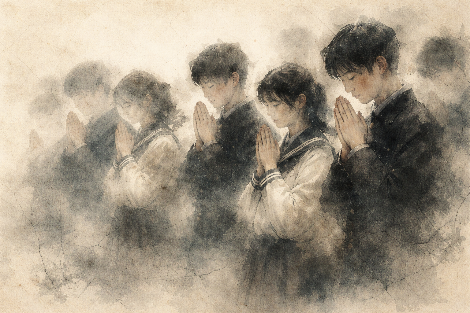 手を合わせ静かに祈る若い学生たちを描いた柔らかな水彩画。初心者はどのくらい瞑想すべきかという問いと、時間の長さよりも継続と真摯さが大切であることを象徴している。