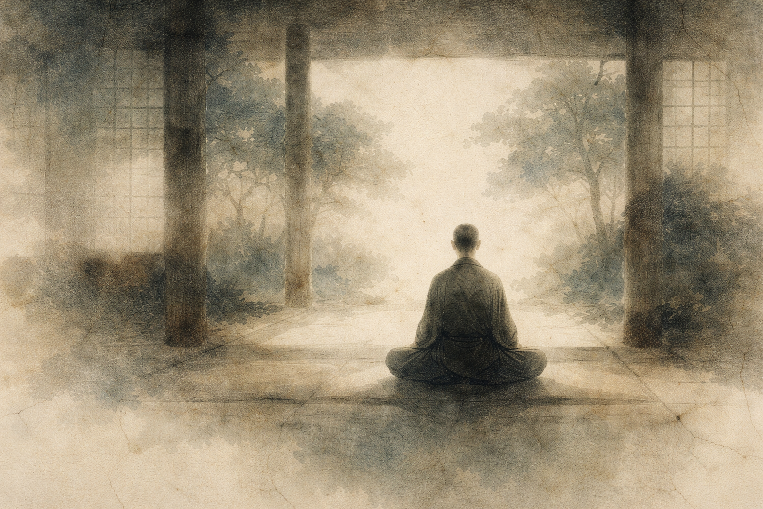 A calm watercolor illustration of a Zen practitioner sitting in meditation inside an open wooden hall facing a quiet garden, symbolizing the question of how often you should meditate and the importance of steady daily practice.