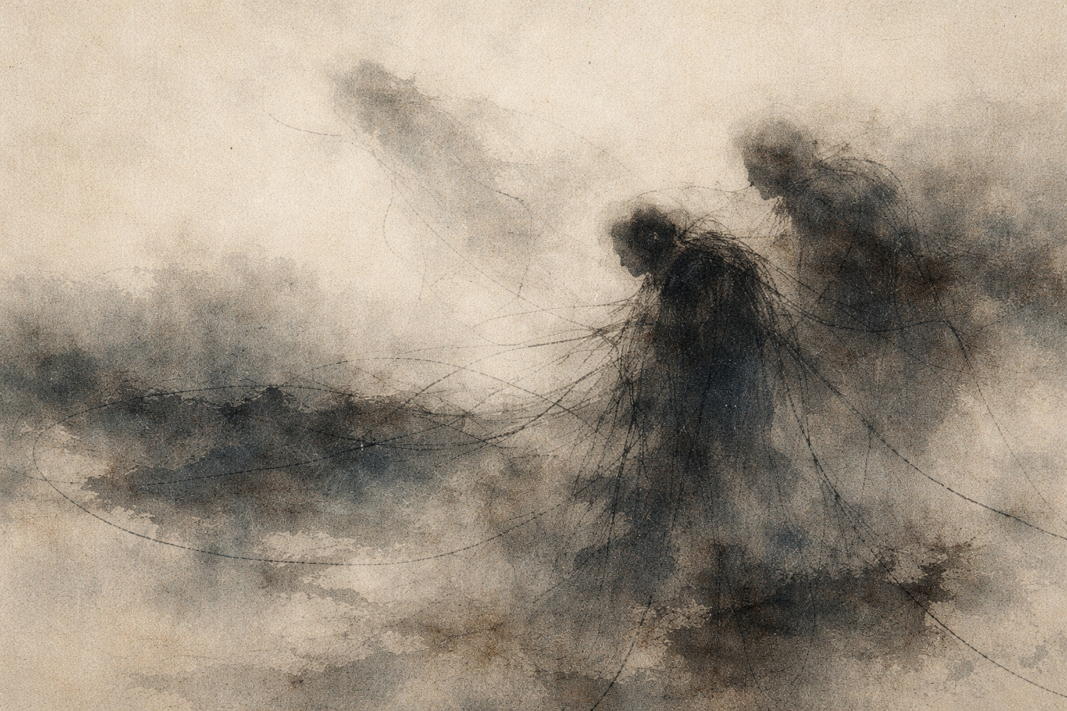 Abstract watercolor-style image of two shadowy human figures walking with heads bowed, thin dark lines trailing from their bodies like tangled thoughts—symbolizing how habits, emotions, and mental attachments create suffering and “hell” in everyday life.