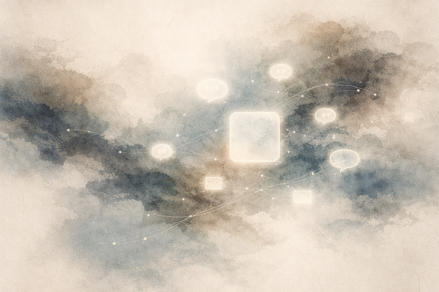 A contemplative watercolor illustration of interconnected speech bubbles, messages, and a central glowing square, symbolizing how Zen approaches decision-making through awareness, interconnection, and clarity beyond overthinking.