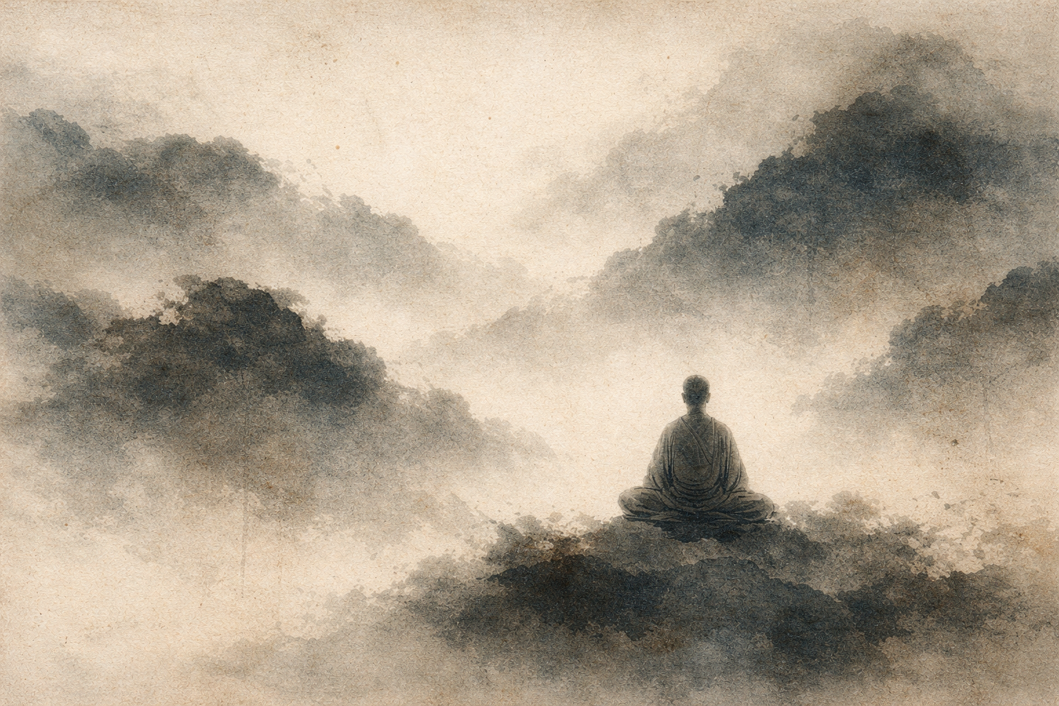 A serene watercolor illustration of a monk meditating on a mountain peak surrounded by misty clouds, symbolizing how Zen breaks dualistic thinking and dissolves rigid distinctions between opposites.