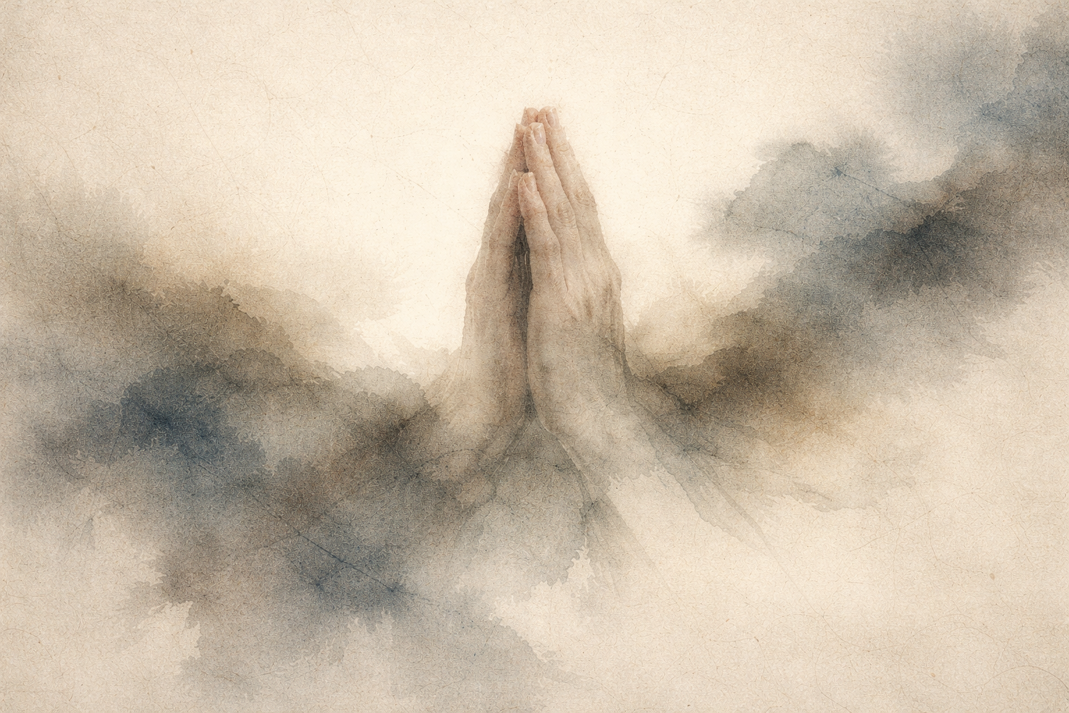 Two hands pressed together rise from drifting ink and mist, suggesting how Zen points toward inner responsibility and self-reliance rather than dependence on external authority.