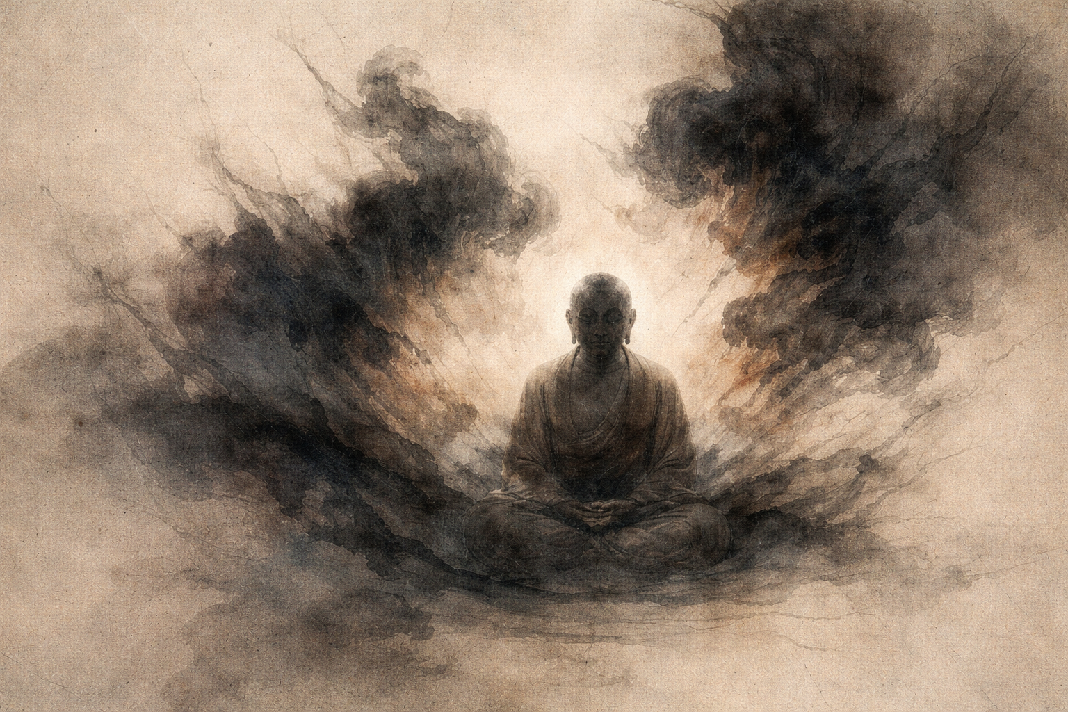 A subdued watercolor-style image of a meditating monk seated calmly while dark, smoke-like forms swirl around—expressing how Zen views psychological suffering as arising within the mind and easing through awareness rather than force.