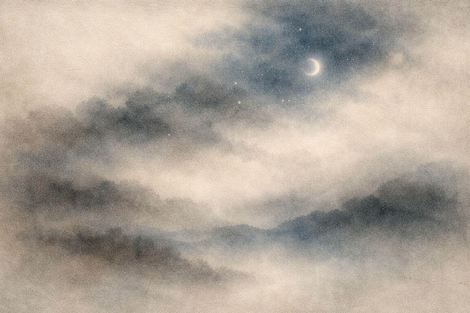 Mist-filled watercolor landscape with layered clouds, distant mountains, and a small crescent moon glowing softly in the night sky, symbolizing Zen’s experiential understanding of karma beyond intellectual explanation.