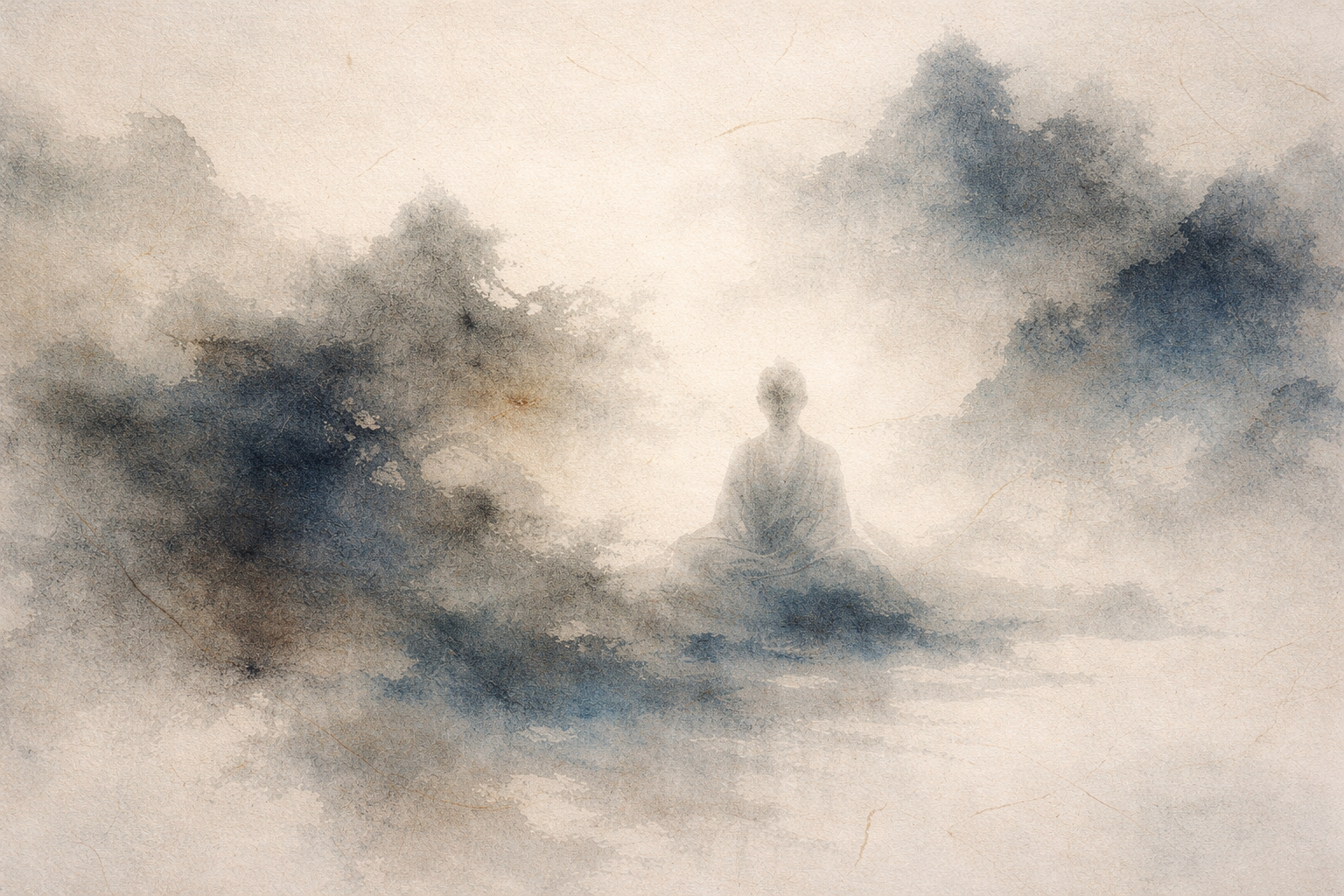 A soft watercolor illustration of a seated figure meditating within misty mountains and flowing ink-like clouds, symbolizing how Zen understands physical existence as inseparable from awareness, emptiness, and embodied presence.