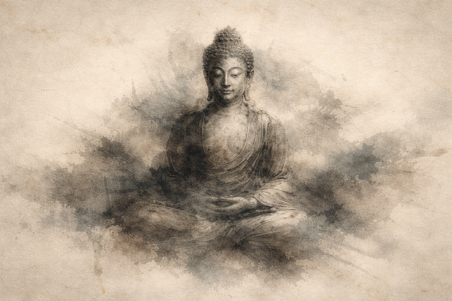 A serene Buddha figure sits in meditation amid soft, cloud-like ink washes, expressing calm that arises naturally without effort or control.