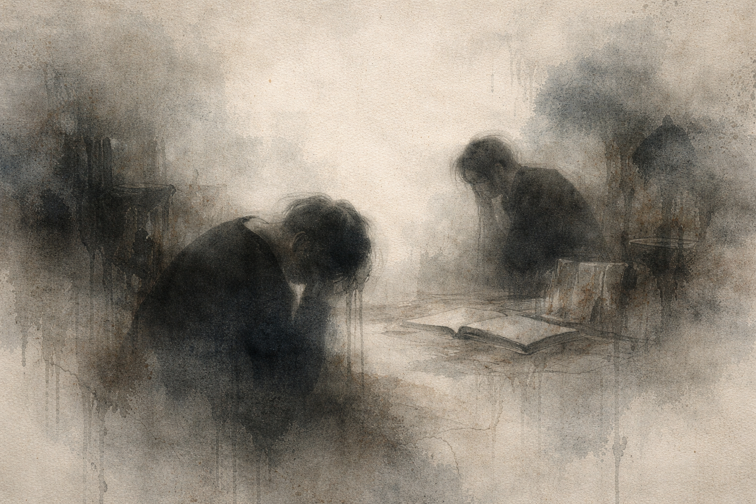Muted watercolor-style image of two distressed figures sitting at a table, heads bowed beside an open book, surrounded by dark, dissolving forms—symbolizing inner torment, mental suffering, and the Zen view of hell as a state of mind rather than a physical place.