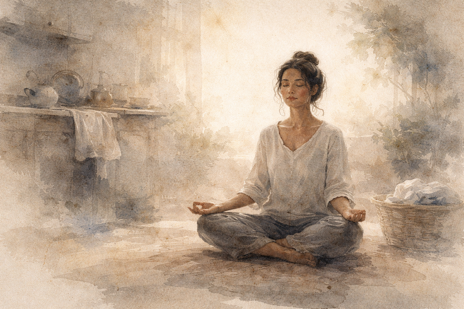 A peaceful watercolor illustration of a woman meditating cross-legged in a quiet home setting, symbolizing the question of whether it is okay to fall asleep during meditation and the gentle balance between relaxation and awareness.