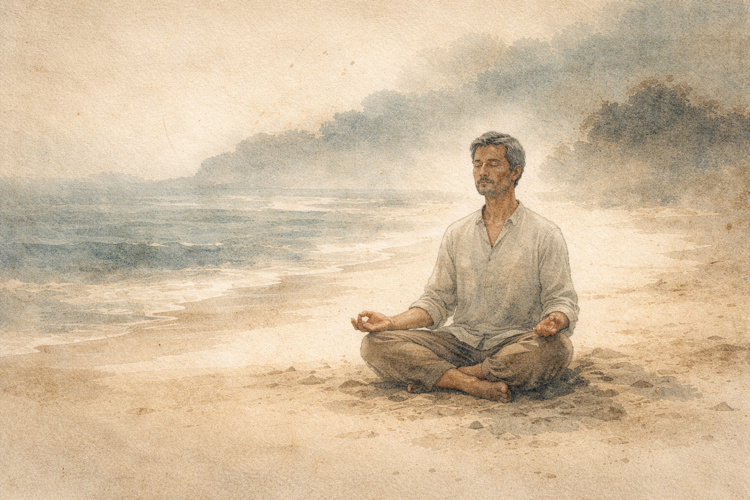 A man sits calmly in meditation on a quiet beach, eyes closed and posture relaxed, symbolizing a grounded and balanced approach to meditation that gently addresses common fears about its safety.
