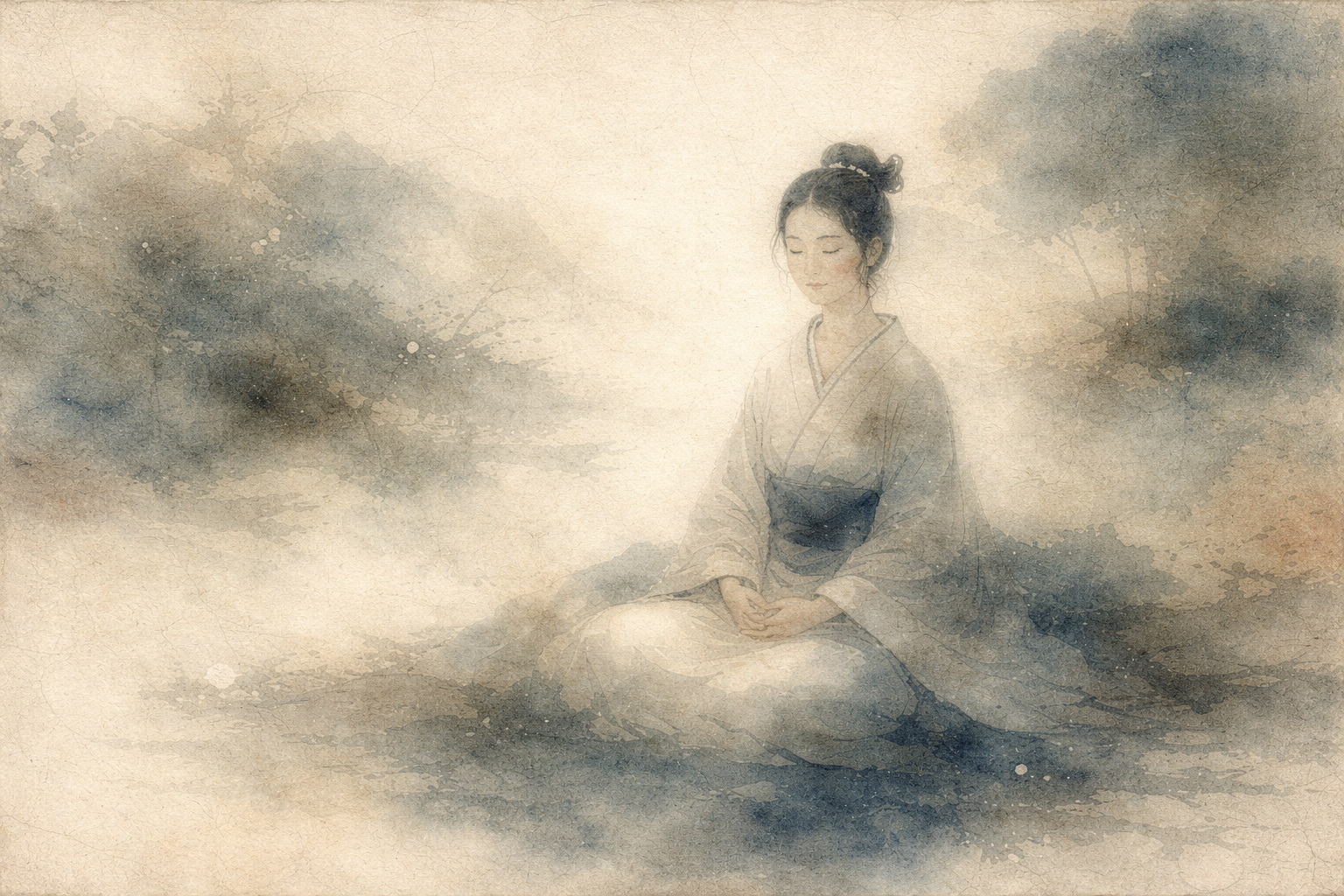 A woman sits calmly in meditation within soft, mist-like ink landscapes, suggesting that meditation is not an escape from reality but a way of meeting it directly and clearly.