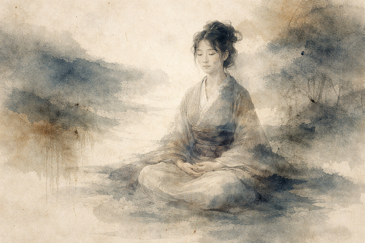 A woman sits quietly in meditation, surrounded by soft, flowing ink textures, suggesting that meditation is a universal human practice beyond any single religion.